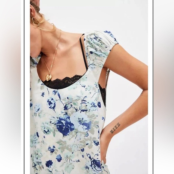 Free People Wildflower Printed Mini Dress Sml Porcelain Combo Linen Cottagecore - Picture 4 of 10